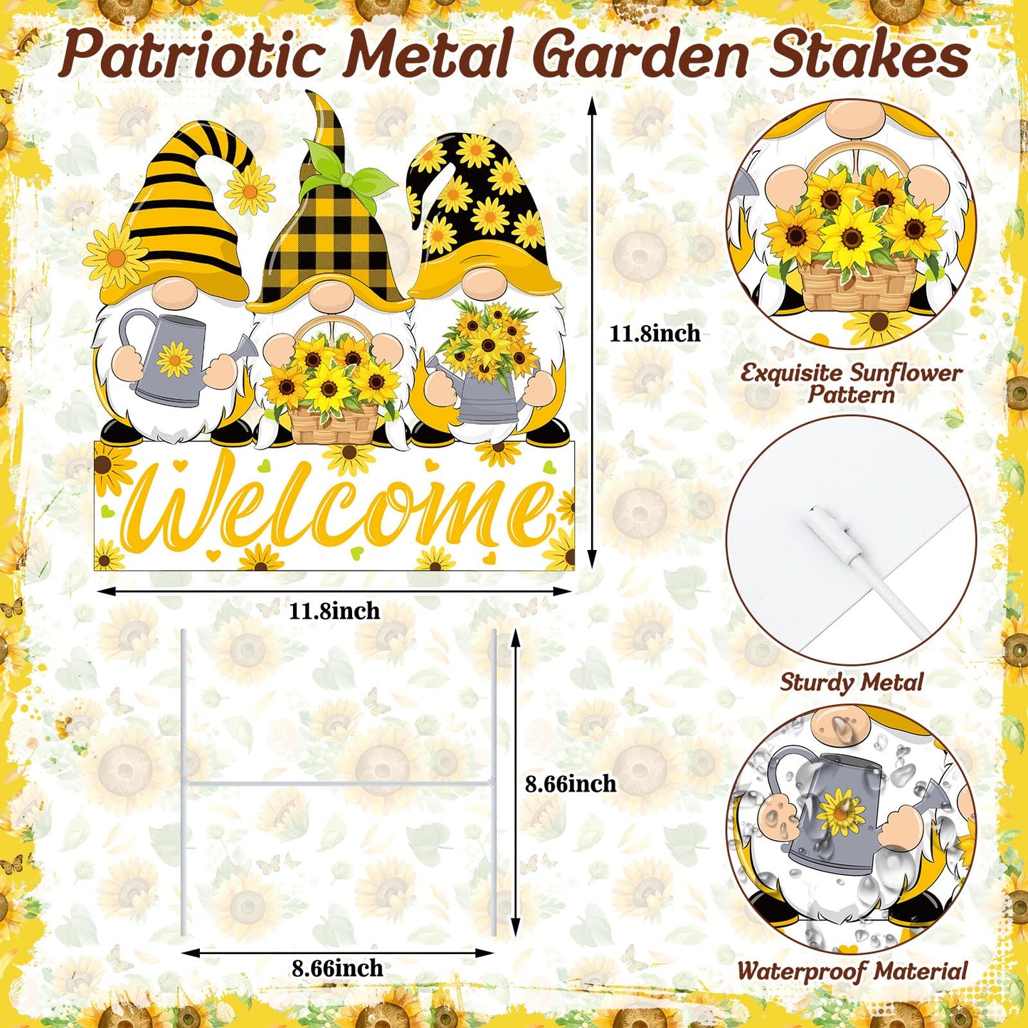 Yookeer Summer Sunflower Gnome Decorations Outdoor Metal Sunflower Gnome Decorative Garden Stakes Summer Welcome Yard Sign for Outside Porch Patio Lawn Decor