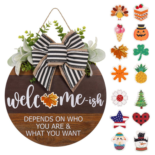 Interchangeable Seasonal Welcome Sign for Front Door, Rustic Round Wood Wreath for Front Door Hanging Decorations, for Spring Summer Fall Halloween Christmas Farmhouse Outdoor Home Wall Decor (12Inch)