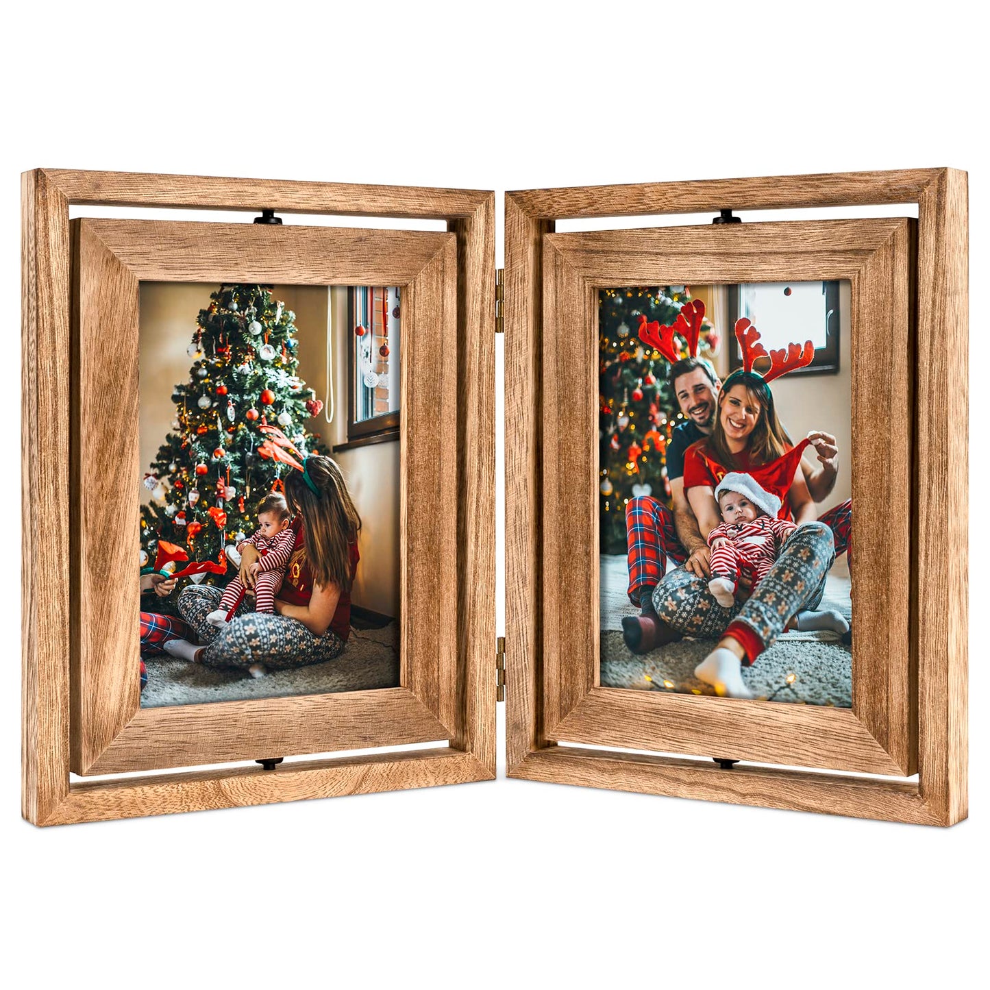 Emfogo 5x7 Picture Frame Rustic Wood Hinged Folding Double Photo Frame, Double Sided Display Rotatable High Definition Glass Collage Picture Frames Vertically on TableTop (Carbonized Black)