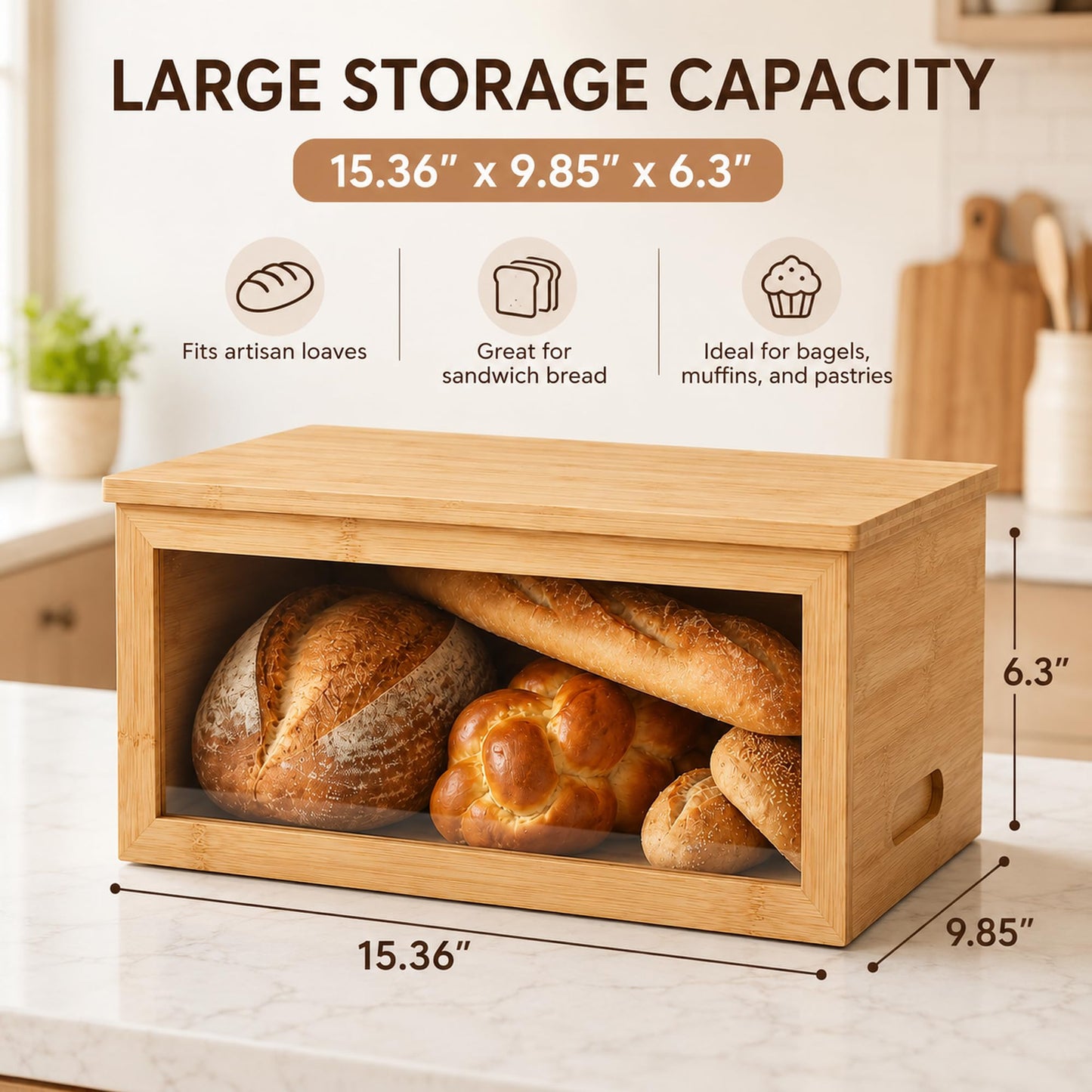 Inspera Bamboo Bread Box with Cutting Board Lid – Large Wooden Kitchen Countertop Storage Bin for Loaves and Pastries – Clear Acrylic Window Display – 15.4 x 9.9 Inch