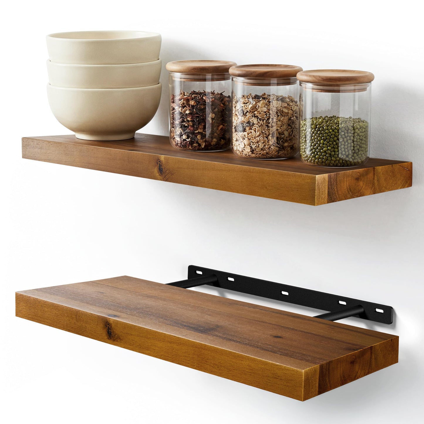 BATODA Set of 2 17" Acacia Wood Floating Shelves Wall Mounted – Rustic Farmhouse Wooden Wall Storage Shelf for Bedroom, Kitchen, Home Décor - Brackets and Shelving Mounting Hardware Included