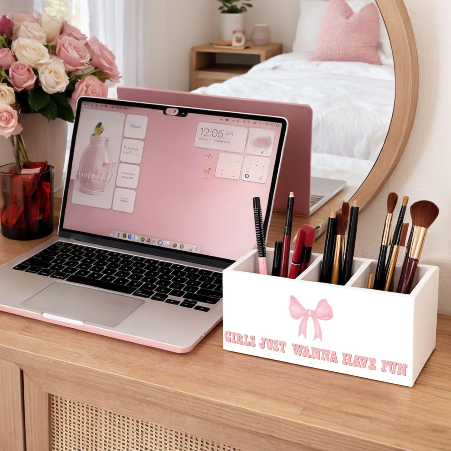 GGED Girls Just Wanna Have Fun Pen Holder, Pink Bow Wooden Desk Organizer, 3 Compartments Pencil Caddy for Office, Home, Classroom