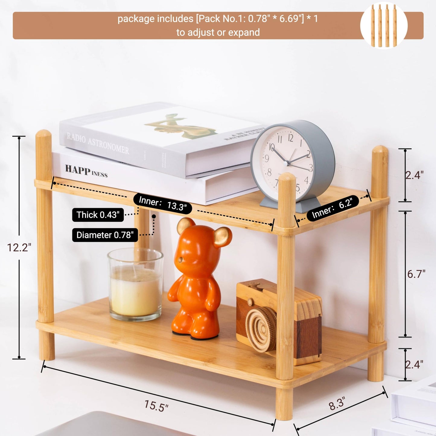 WooFawn 2-Tier Expandable Bamboo Desktop Organizer Shelf Kitchen Cabinet and Counter Riser Display Shelf for Top of Desk Home Office Bathroom Coffee Table Display Stand,Natural