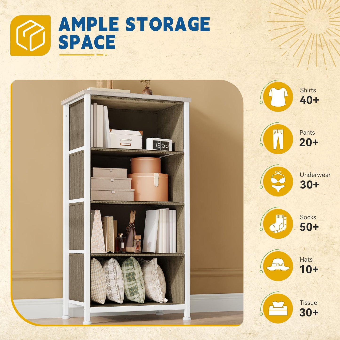 DWVO Dresser with 4 Drawers - Fabric Storage Tower, Organizer Unit for Bedroom, Hallway, Hallway, Closets - Sturdy Steel Frame, Wooden Top & Easy Pull Fabric Bins