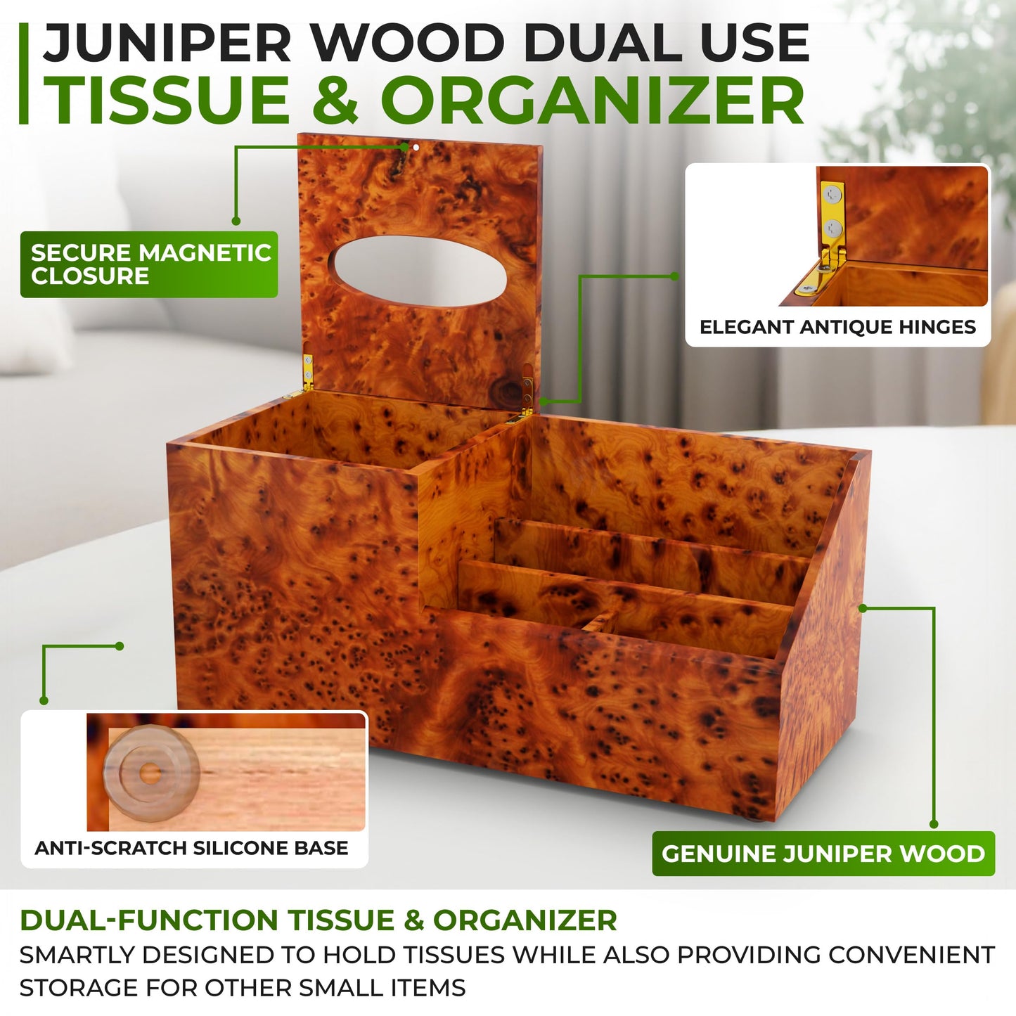 Wooden Tissue Box Holder with Storage Organizer for Desk, Bathroom & Nightstand – Handmade Wood Tissue Cover