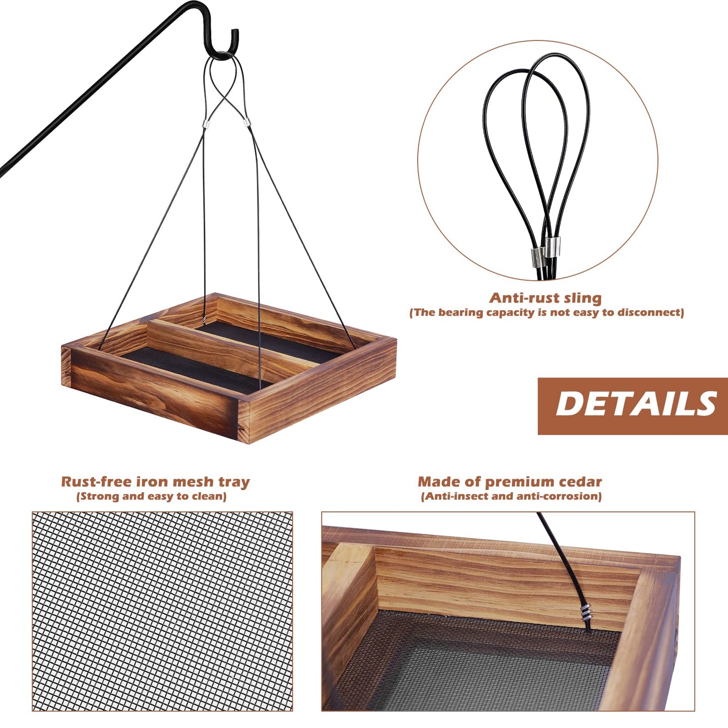 MIXXIDEA Bird Feeder Hanging Tray, Wooden Platform Hummingbird Feeder Mesh Seed Platform for Garden Yard Outside Decoration Attracting Wild Birds (Brown)