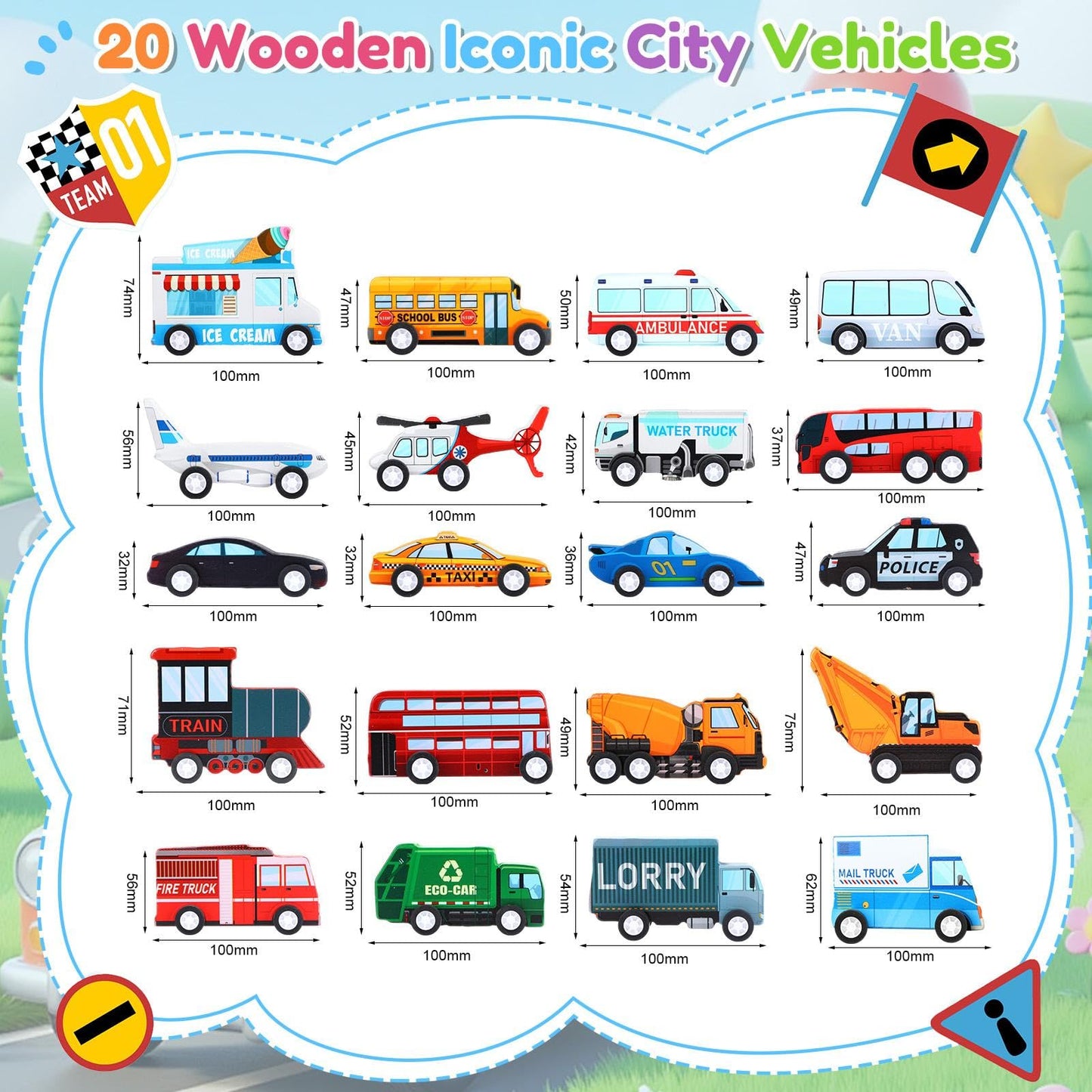 Blosssound 20 Pcs Wooden Car Vehicle Set for Toddlers Wooden Vehicle Community Helpers Toys with Police Fire Trucks Ambulance Car Toys Gift for Kids Preschool Classroom Educational Activity