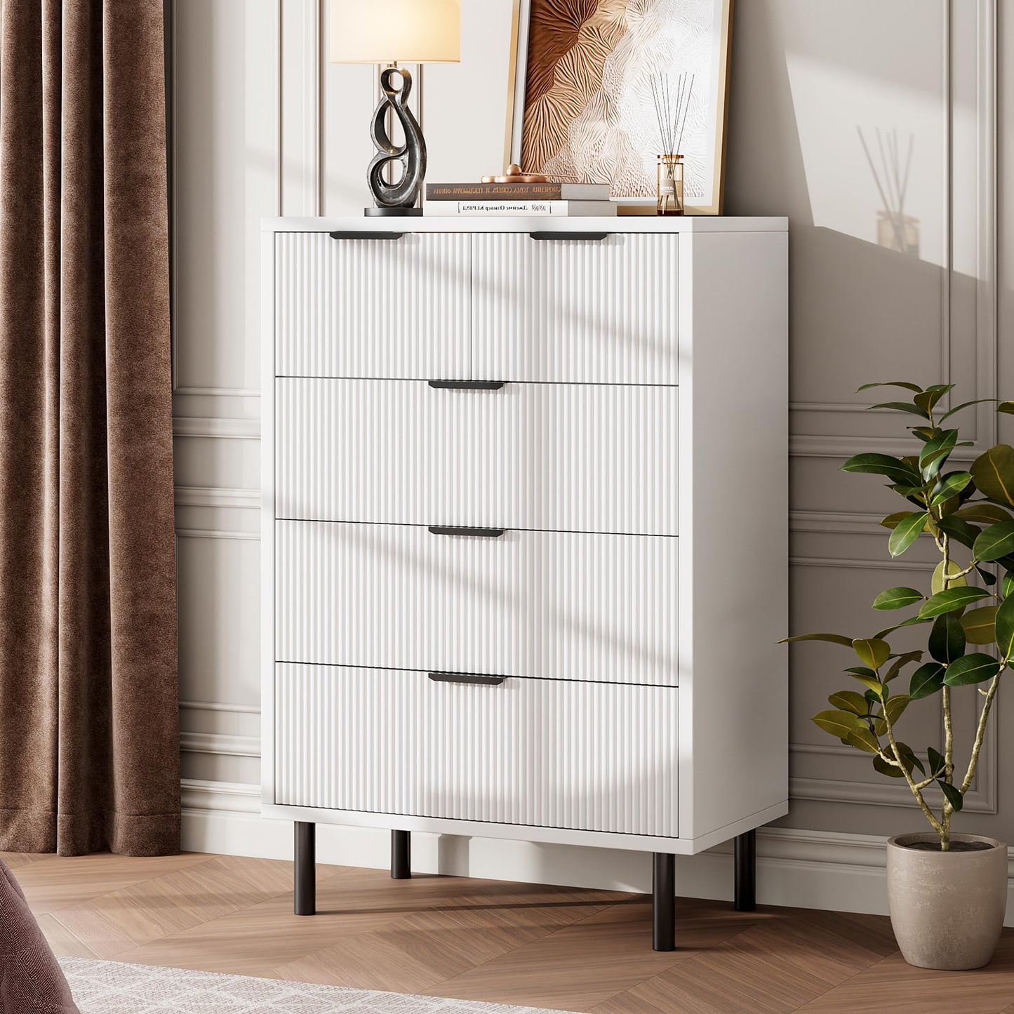 GarveeHome White Wave Fluted 5 Drawer Dresser for Bedroom, Modern Wood Chest of Drawers with Wide Drawers, Closet Dresser Organizer with Anti-Tipping Device and Metal Legs for Hallway Entryway