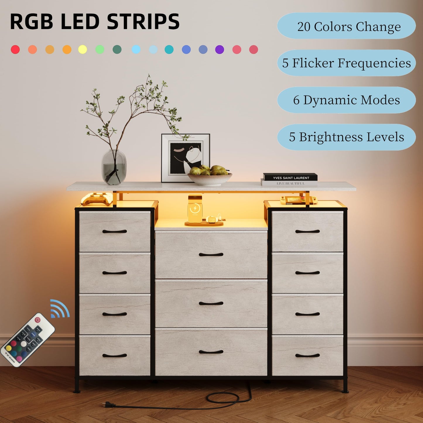 LUMTOK 11 Drawers Dresser with Fabric Drawers,Charging Station, LED Lights and Shelves for Bedroom Storage Organization (Greige)