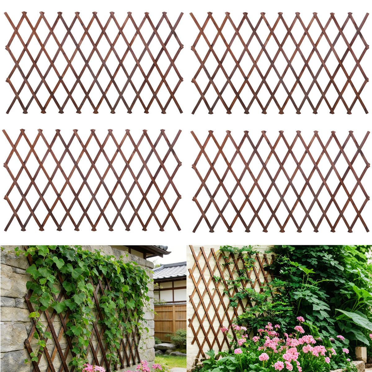 4Pcs Expandable Garden Trellis, 38" x 89" Large Wooden Lattice Fence Wall Panel Lattice Trellis for Climbing Plants Outdoor Ivy Vine Rose Clematis for Garden Patio Room Decor (4Pcs Brown)