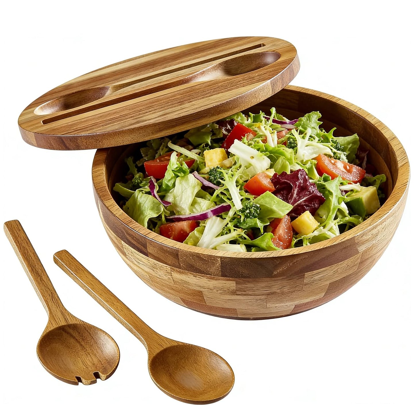 ECWAY Acacia Wooden Salad Bowl with Lid, Built-in Acacia Wood Utensils, 10.5" Large Wood Serving Bowls for Fruits, Salad, and Vegetables, Big Wood Salad Bowls Set 4-Piece, All-in-One Design