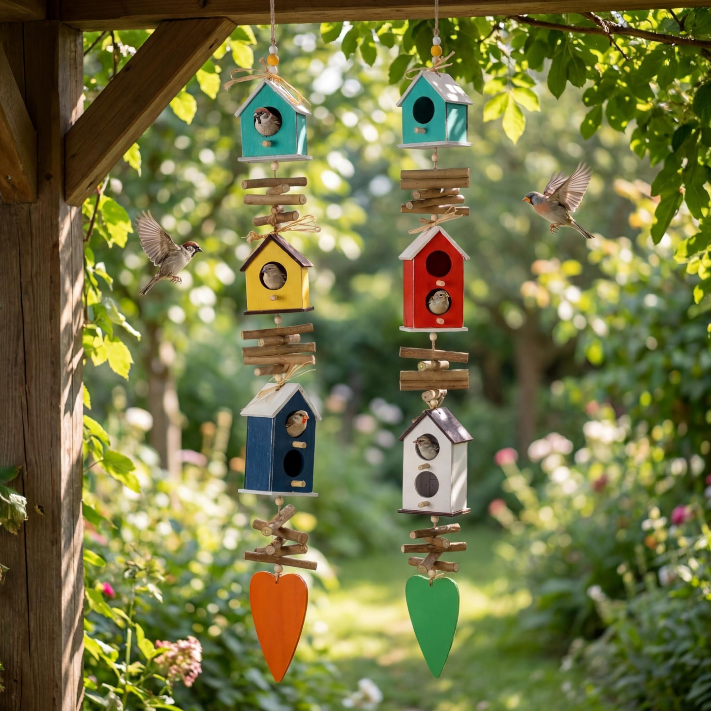 2 Pack Birdhouse Bird Feeders for Outdoor, Colourful Hanging Wooden Bird Feeder Outside Garden Yard Farmhouse Birds Feeders for Country Yard Garden Decoration for Cardinals Finches Chickadees