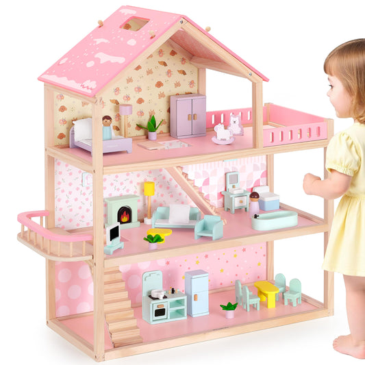 Pillowhale Wooden Dollhouse for Girls 3-Story Open Layout Playhouse with Furniture Accessories Pretend Play Role-Playing Toy Birthday Gift for Kids Ages 3+