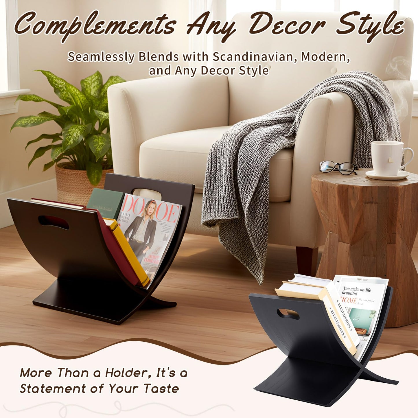 AceOrbit Black Freestanding Wooden Magazine Rack Vertical Floor Magazine Display Bathroom Newspaper Holder Stand for Home, Bathroom, Office, Bedroom, Living Room