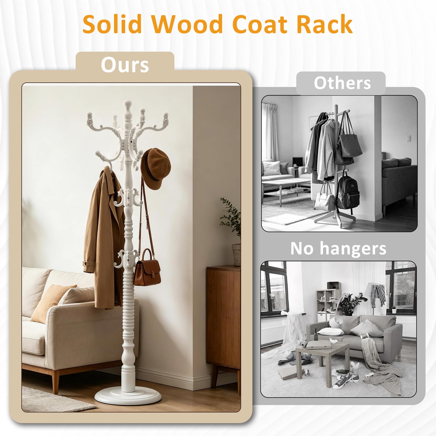 Oiotuesa Wood Coat Rack Freestanding with 14 hooks, Vintage Jacket hanger Tree for Entryway, Bedroom, Office, Hallway, 3-level Height Adjustment