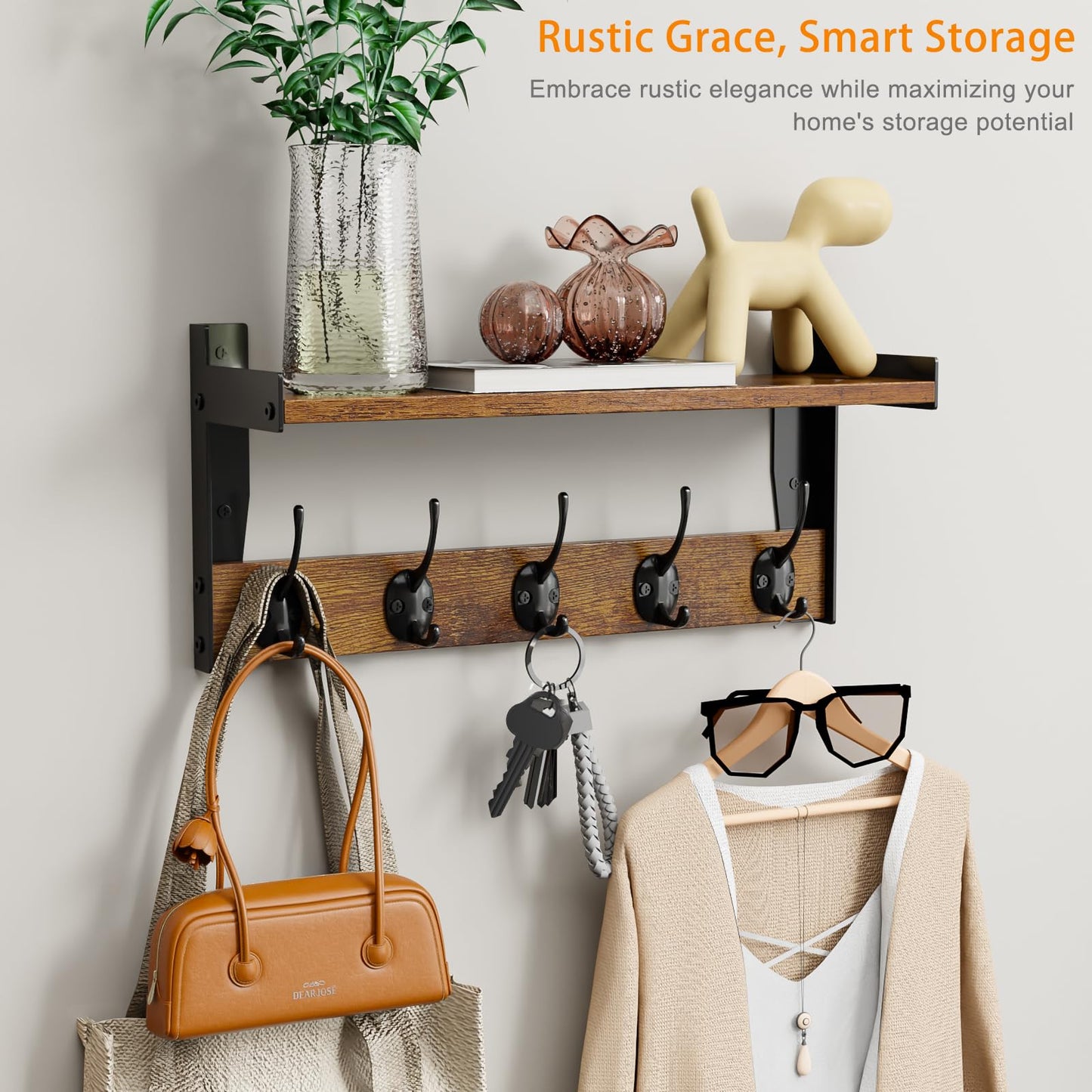 FNBAR Wall Hooks with Shelf, Wood Coat Rack with Shelf Wall-Mounted, Entryway Hanging Shelves with 5 Metal Hooks for Clothes Hats Towel Purse Robes, Bathroom Mudroom Bedroom, Rustic Brown
