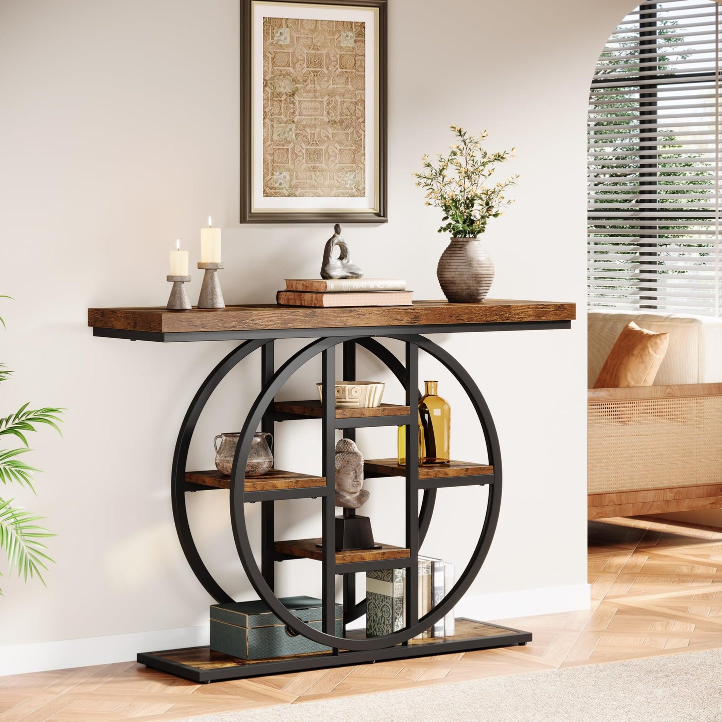 Celaform 41" Console Table for Entryway, 4-Tier Industrial Narrow Wood Sofa Accent Tables with Circle Storage Shelves for Living Room, Hallway, Foyer (Rustic Brown)