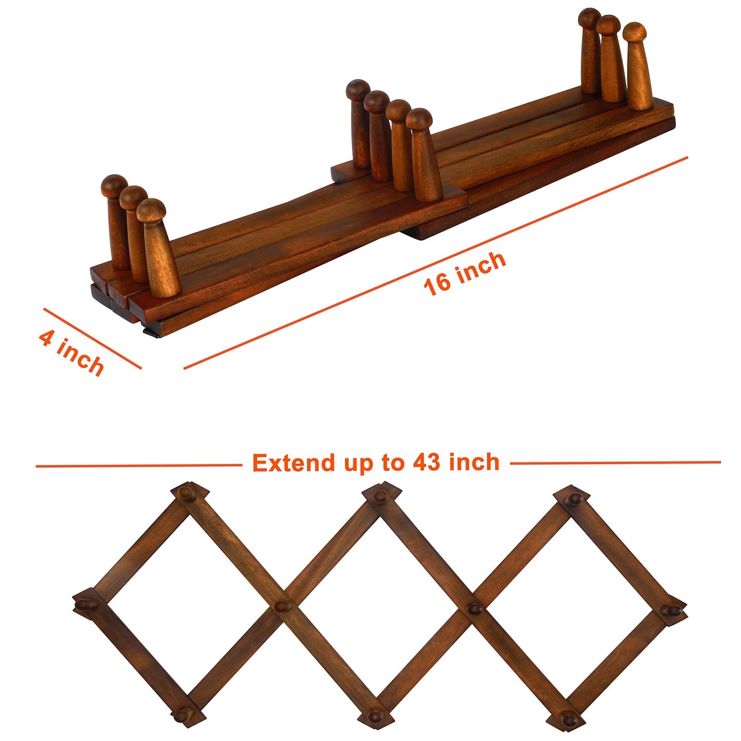 Dseap Accordian Wall Hanger: 16” High Wooden Wall Expandable Coat Rack, Hat Rack Holder, Accordion Hook for Baseball Caps, Coats, Mugs, 10 Peg Hooks, Brown