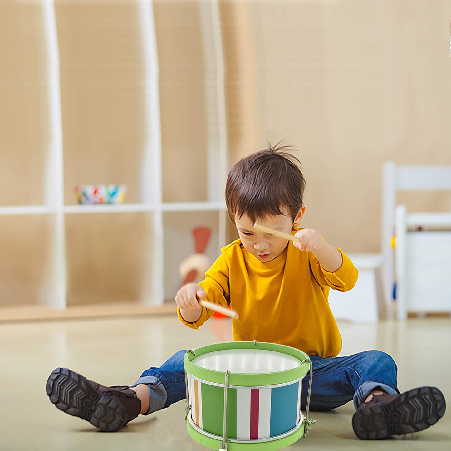 MUSICUBE Kids Drum Set 8-Inch Wooden Drum Toys with an Adjustable Strap and 2 Drumsticks Educational Baby Musical Toys Drum Sensory Musical Instrument Toys for Toddler Boys & Girls Gift Packing