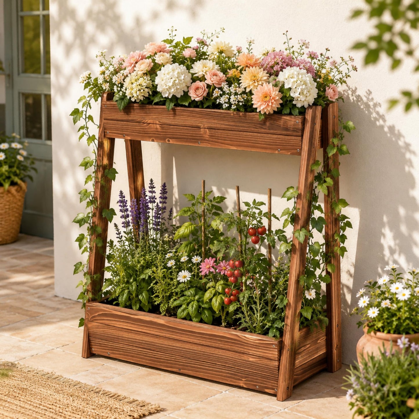 Ultym 2-Tier Elevated Raised Garden Bed, 36" H Fir Wood Planter Box with 23" Large Growing Space, Drainage Holes & Non-Woven Liner, Outdoor Flower Bed & Herb Garden Planter for Patio Balcony Backyard