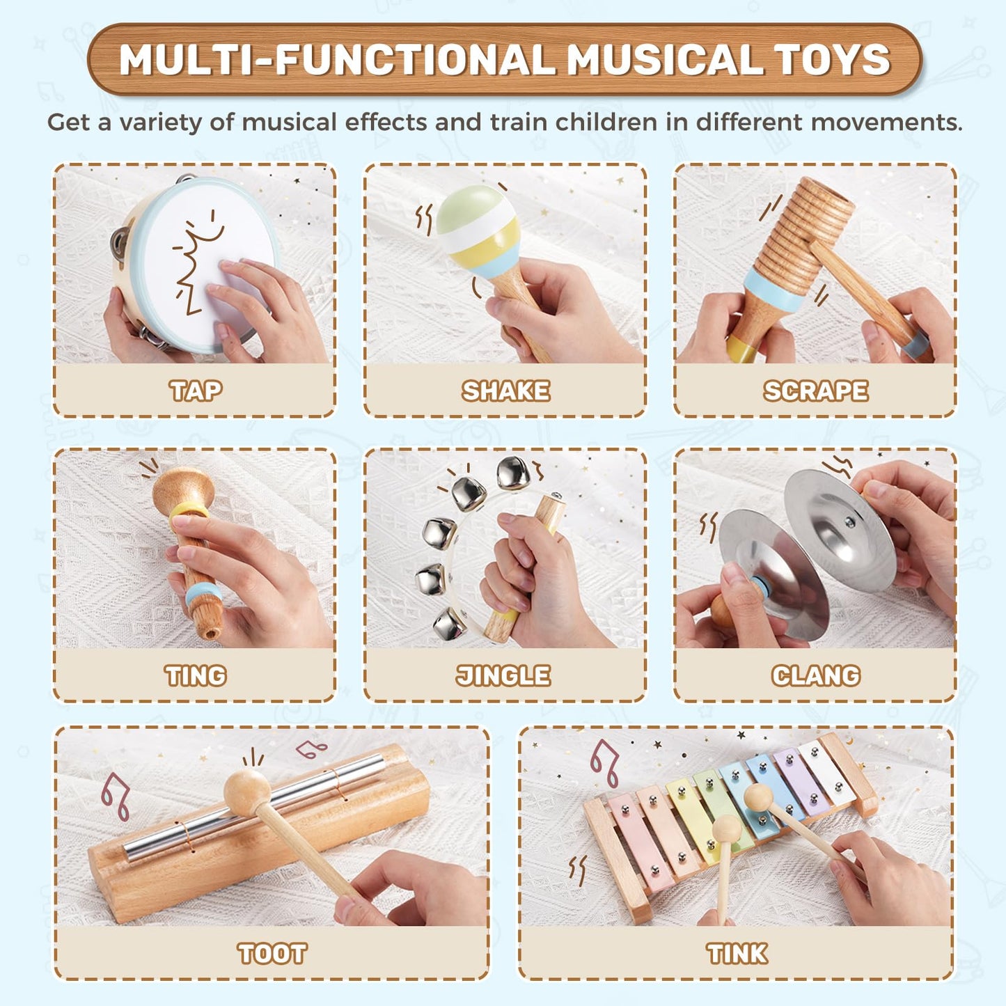 POGOLAB Musical Instruments for Toddler 1-6, 8-in-1 Wooden Sensory Toy for Preschool Learning