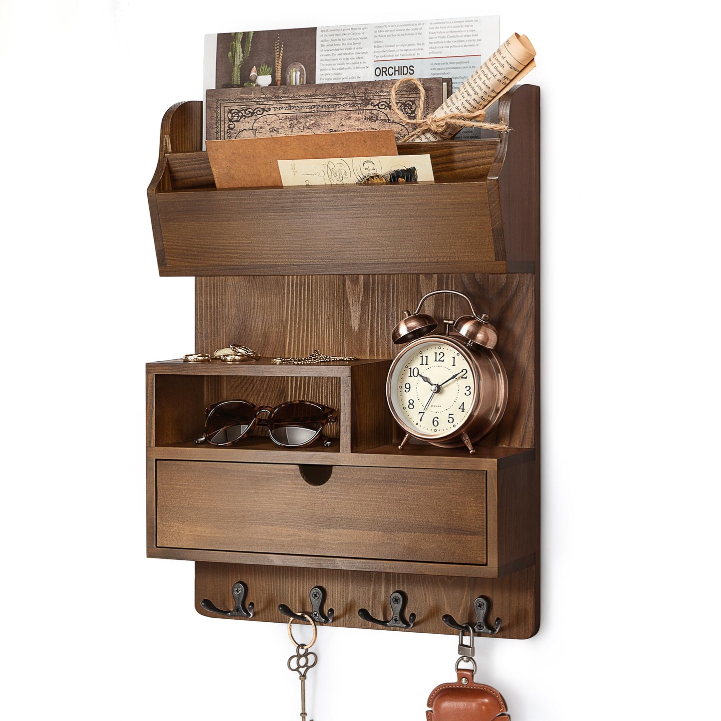 Rebee Vision Pine Wood Key Holder Wall Mount with Drawer Organizer – Farmhouse Key Holder for Wall with Mail Organizer & 4 Hooks – Perfect for Retro Home Decor(Brown)