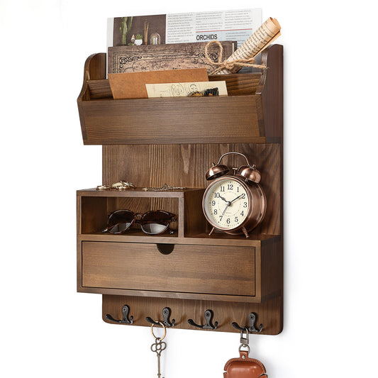 Rebee Vision Pine Wood Key Holder Wall Mount with Drawer Organizer – Farmhouse Key Holder for Wall with Mail Organizer & 4 Hooks – Perfect for Retro Home Decor(Brown)