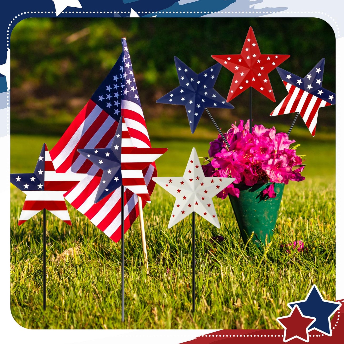 Pickmesh 6 Pcs 12" H 4th of July Outdoor Decor Patriotic Metal Yard Sign Star Red White Blue Garden Stake USA Flag American Yard Sign for Memorial Day Independence Day Decoration