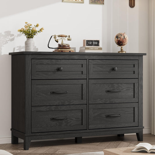 GarveeHome 6 Dresser for Bedroom, 47 in Wide Drawer Dresser with Storage Freestanding, Wooden Closet Storage Chest for Living Room, Bedroom, Entryway, Dark Black