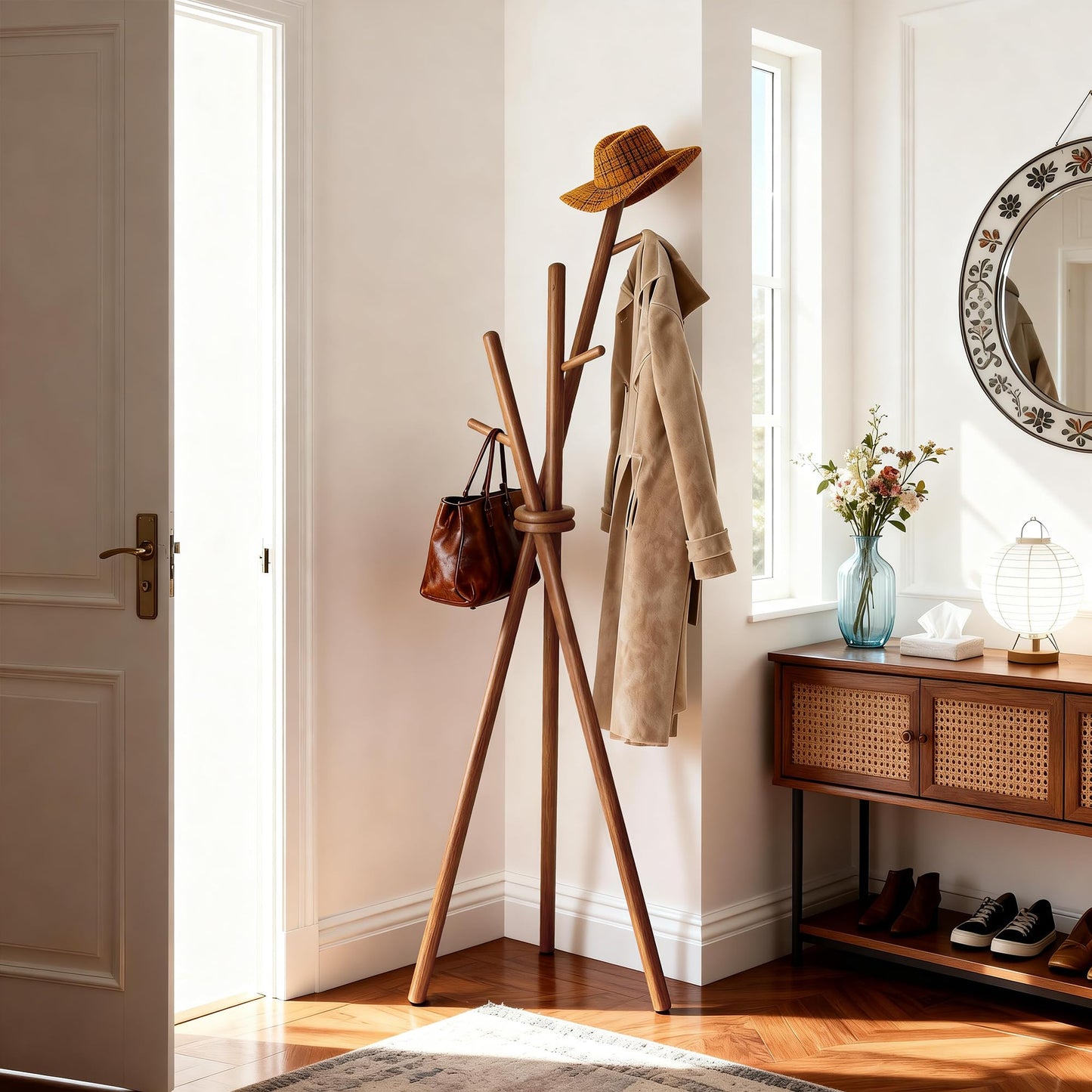 VICITON Wooden Coat Rack, Tripod Coat Tree Freestanding with 3 Hooks for Clothes, Hats and Handbags, Coat Hanger Stand for Bedroom, Living Room, Entryway (Dark)