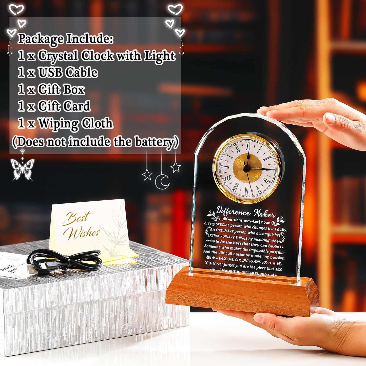 Ornalrist Difference Maker Clock Gifts for Men Women Glass Clock Keepsake with Wooden LED Base Thank You Appreciation Gifts for Boss Teacher Employee Coworker Mentor Motivational Office Desk Decor