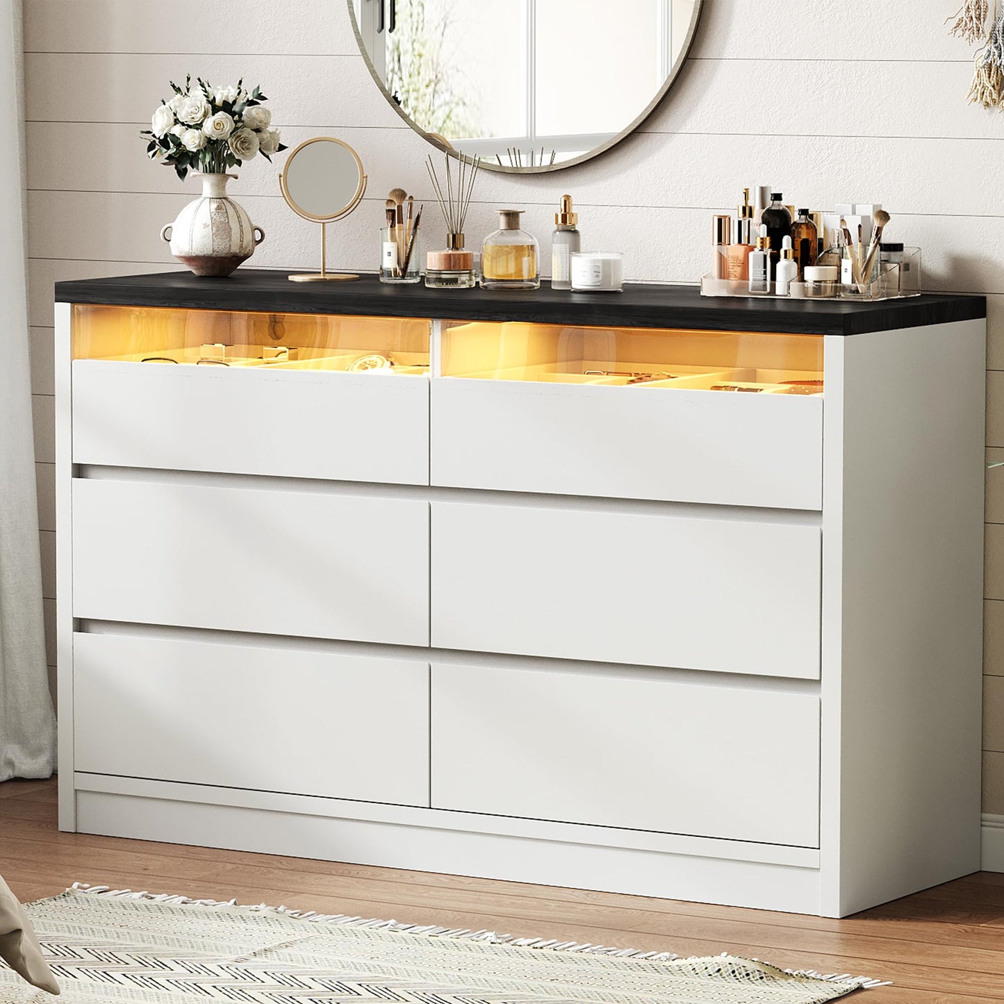 Jocoevol White 6 Drawer Dresser for Bedroom with LED Light, Modern Large Chest of Drawers, Wood Storage Double Dresser with Deep Drawers for Living Room, Entryway, Hallway, White