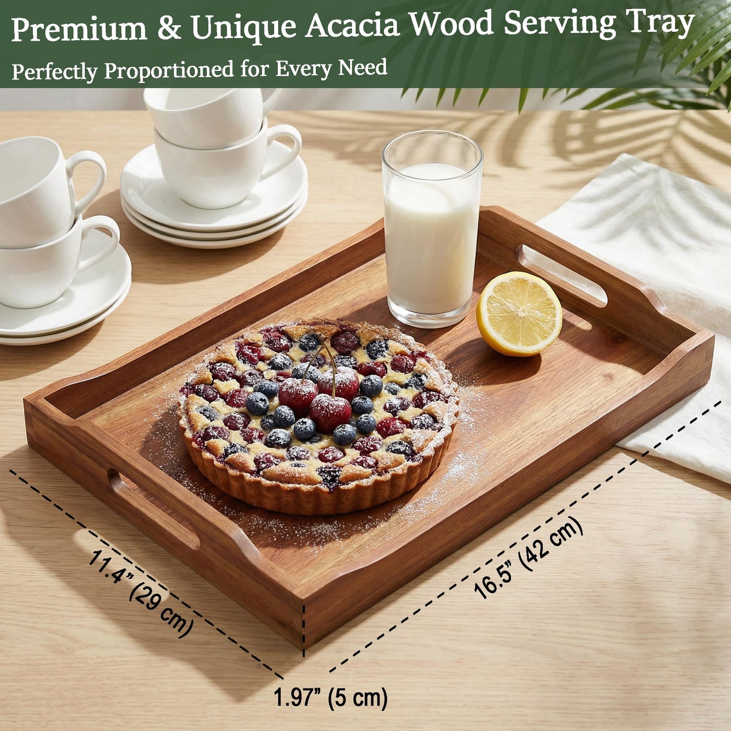 Plusinthebox Acacia Wood Serving Tray with Handles, Rectangular Wooden Ottoman Tray for Coffee Table, Breakfast in Bed, Drinks, Kitchen Countertop and Home Decor
