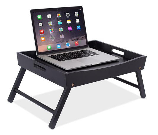 BIRDROCK HOME Wood Bed Tray for Eating | TV Tray with Folding Legs | Wide Breakfast Serving Lap Desk with Sides & Handles | Laptop Table | Foldable Study Writing Table | Adjustable Food Tray | Black
