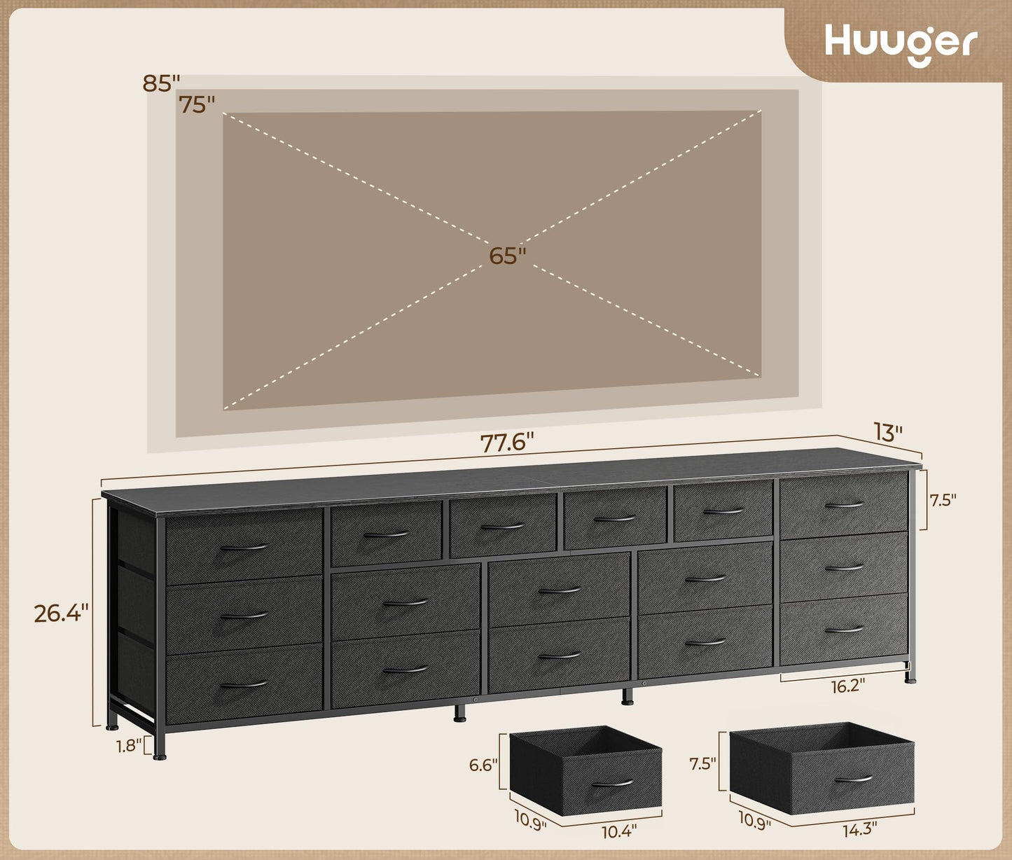 Huuger 77.6" Long Dresser for Bedroom, 16 Drawer Fabric Dresser for Closet, Wide Chest of Drawers with Storage, TV Stand for 65, 75, 85 Inch TV, 77.6" W x 13" D x 26.4" H, Black