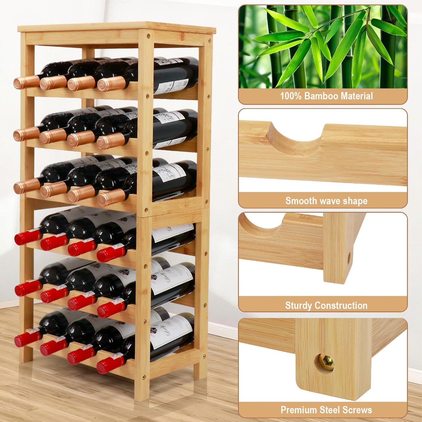 Thalomely Wine Rack Free Standing Floor, 6-Tier 24 Bottles Display Wine Storage Shelves with Table Top, Easy-Assembly Freestanding Bamboo Wine Racks for Kitchen Dining Room Bar, Natural