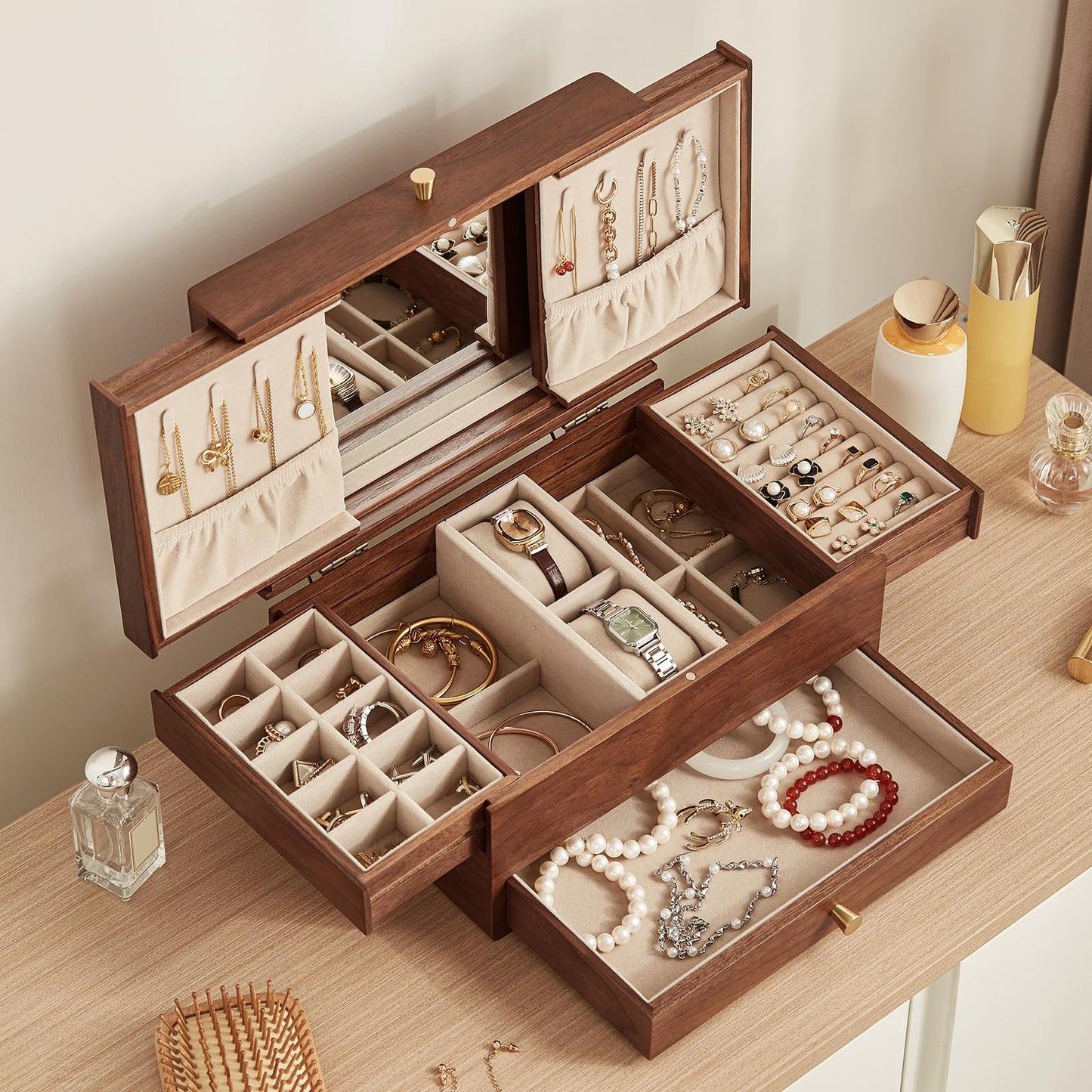 Homruilink Wooden Jewelry Box for Women, 3 Level Multi-functional Drawers Black Walnut Jewelry Organizer Box, Watch, Necklace, Ring, Earring Storage, Fathers Day Gift (With Mirror B)
