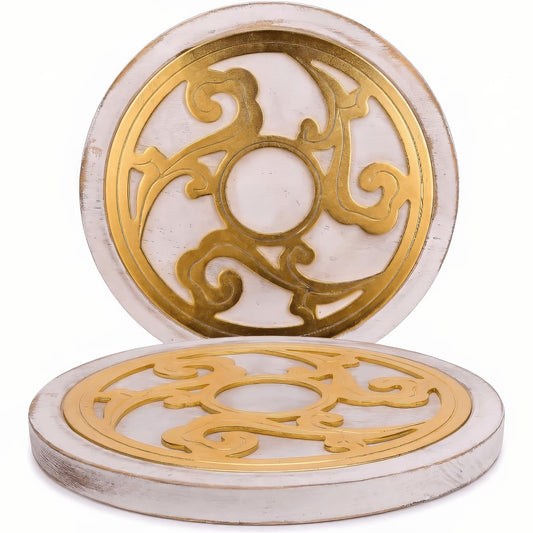 ALLCENER Trivets for Hot Dishes Set of 2, 8 Inch Boho White Washed Wood & Gold Metal Trivet, Heat Resistant Hot Pads for Kitchen Counter and Dining Table, Decorative Pot Holders