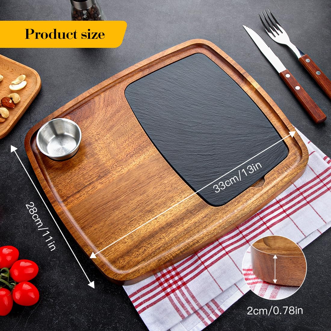 LiWiBet Acacia Wood Serving Plate with Sauce Cup & Removable Slate Insert for Meat Sausages Cheese, Steak Serving Tray Cutting Board Serving Platter Cheese Platter Perfect for Housewarming Christmas