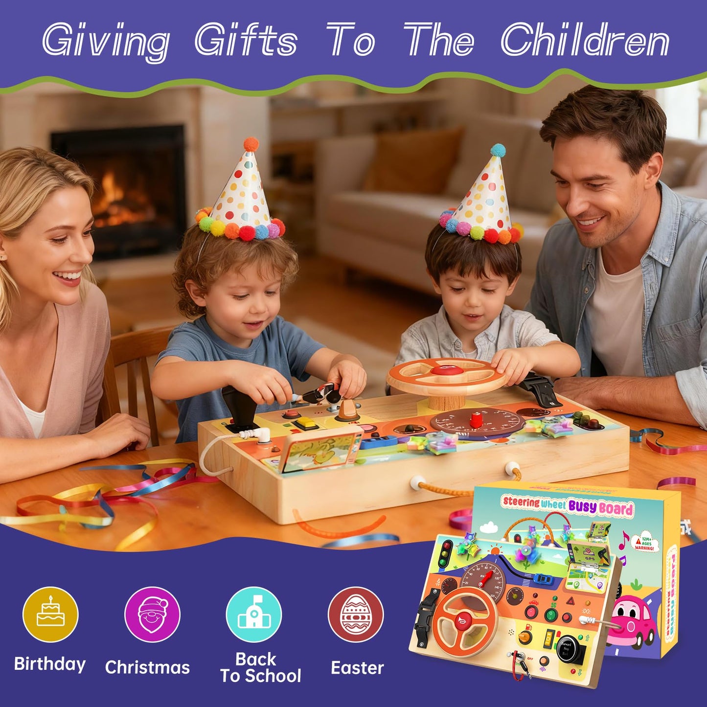 Busy Board Montessori Toys for Toddlers 1-3 with Steering Wheel, Lights & Switches, Wooden Driving Activity Board | Sensory Montessori Busy Board for 1+ Year Old, Toddler Learning & Travel Toy