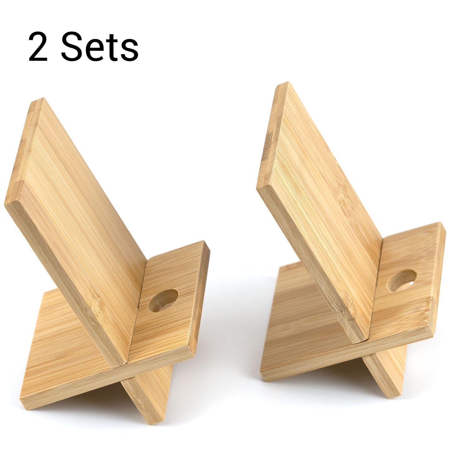 IFAMIO 2 Pack Bamboo Cell Phone Stand Wooden Phone Holder Tablet Desk Stand with Charging Hole Portable Phone Table Stand Desk Organizer Compatible with iPhone Smart Phone iPad Tablet