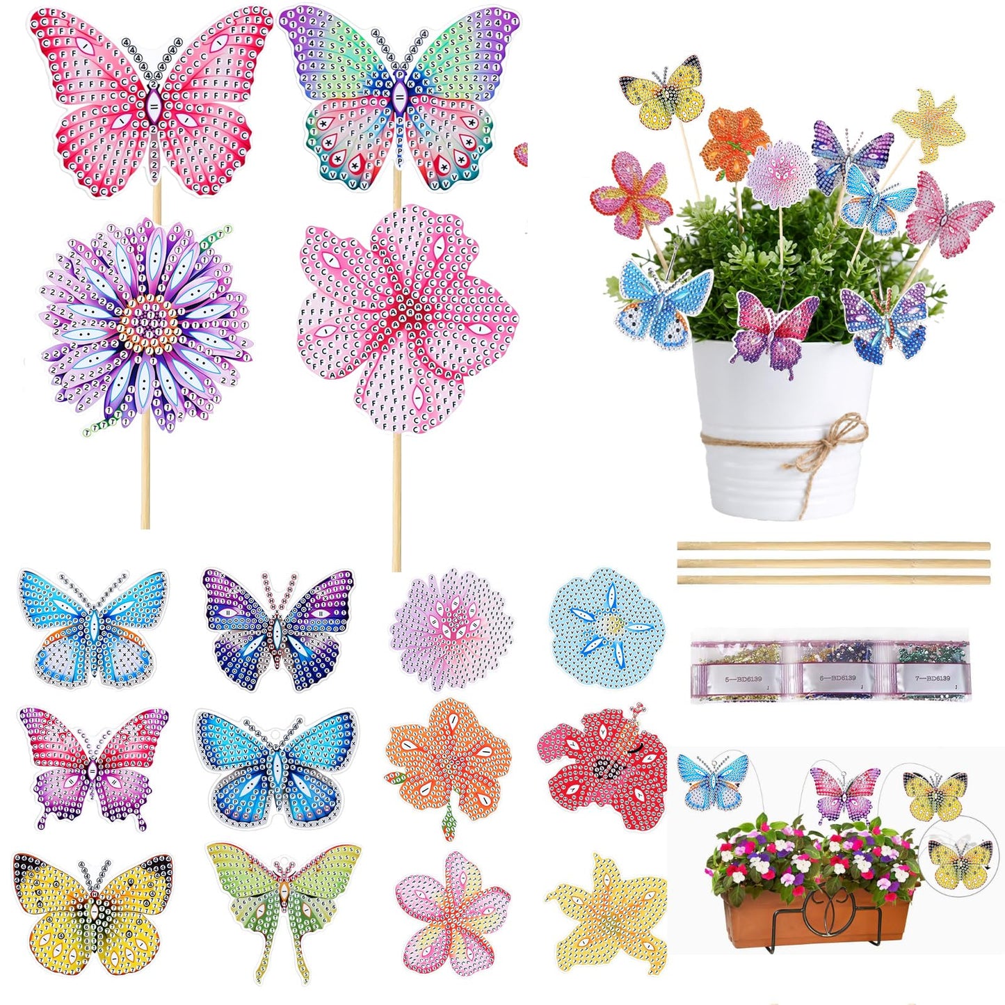 Fullhawl 16 Pcs Butterfly Flower Diamond Painting Kits 5d DIY Diamond Art Kits Garden Stakes Decor Craft with Metal and Wooden Swaying Sticks for Adults Indoor Outdoor Yard