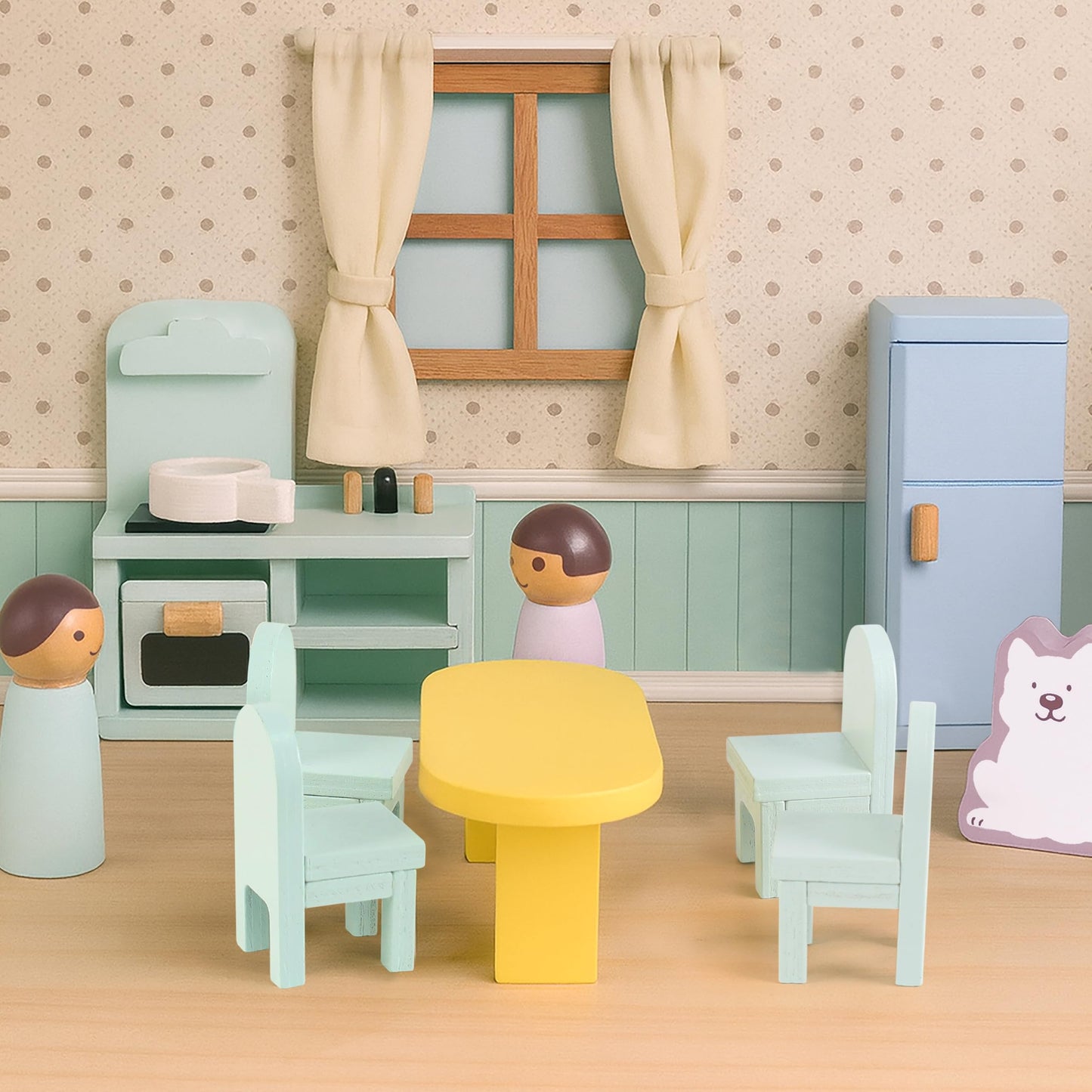 Pillowhale Wooden Dollhouse Furniture Set,36-Piece Dollhouse Furniture & Accessories for 6 Rooms,Interactive Pretend Play Furniture Toys, Gift for Kids Age 3+