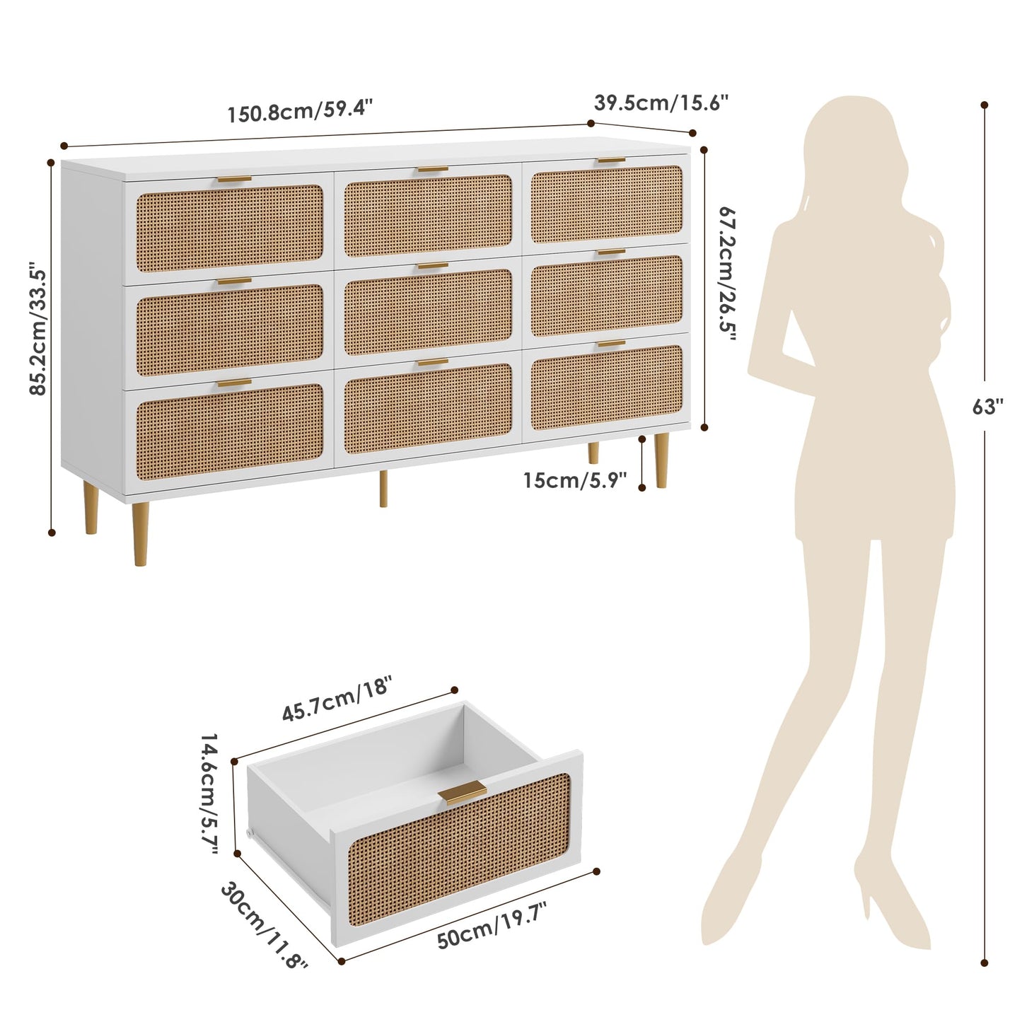 GarveeHome Rattan 9 Drawer Dressers for Bedroom, Tall Dresser with Deep Drawers, Large Chest of Drawers for Closet with Wide Top, Long Wooden Dresser for Living Room, Hallway, Kids Room, White