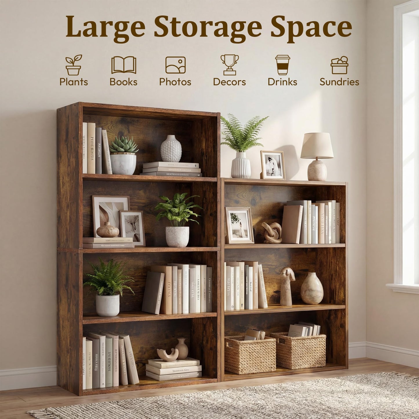 Alpen Bookshelf, 3 Shelf Bookcase Floor Standing Shelves for Bedroom, Short Bookshelf with Storage Adjustable Bookshelf Furniture for Home Office, Living Room, Nursery, Rustic Brown