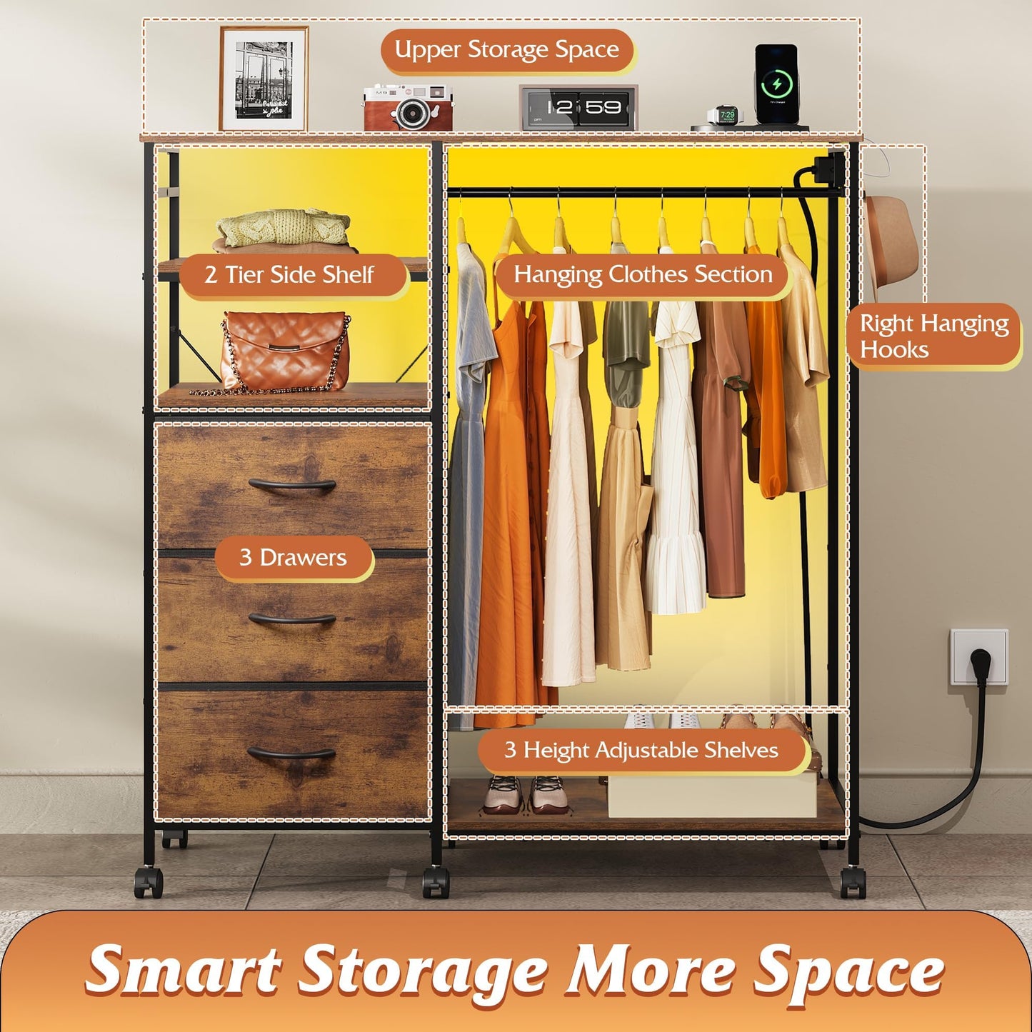 WLIVE Dresser with Hanging Rack for Bedroom, 3 Drawer Dresser with LED Lights & Charging Station, Fabric Dressers & Chest of Drawers, Storage Organizer with Open Shelves for Living Room, Brown