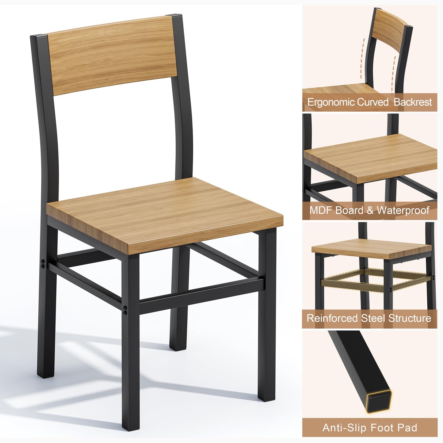 MECHYIN Dining Chairs Set of 4, Rustic Wood Dining Room Chairs with Thickened and Strengthened Metal Steel Frame & Slat Back, Modern Farmhouse Chair for Kitchen, Dining Room (4, Natural Wood)