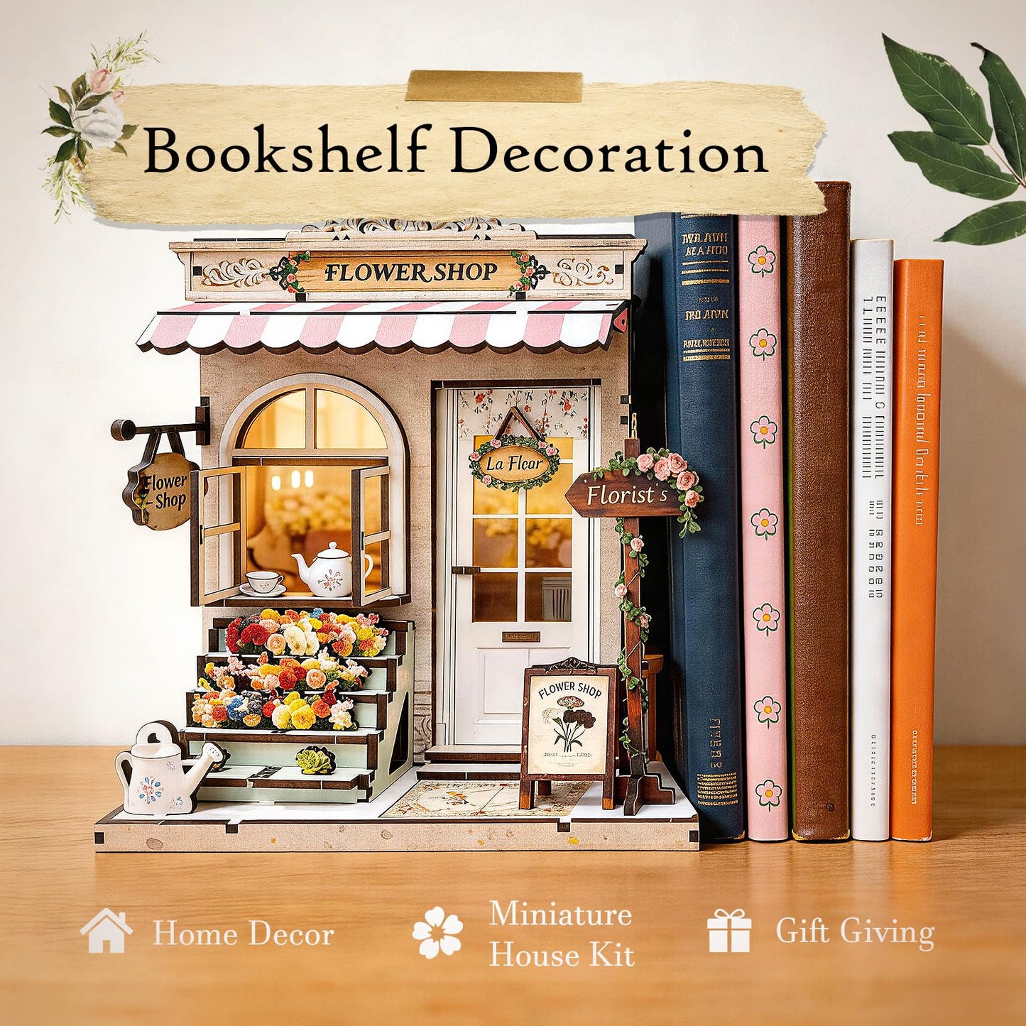 Book Nook Kit DIY Miniature House – 3D Wooden Puzzle Bookshelf Insert with LED Lights, Tiny Dollhouse Building Model Craft Kit, Unique Book Nook Decor Gift for Adults, Teens, Book Lovers
