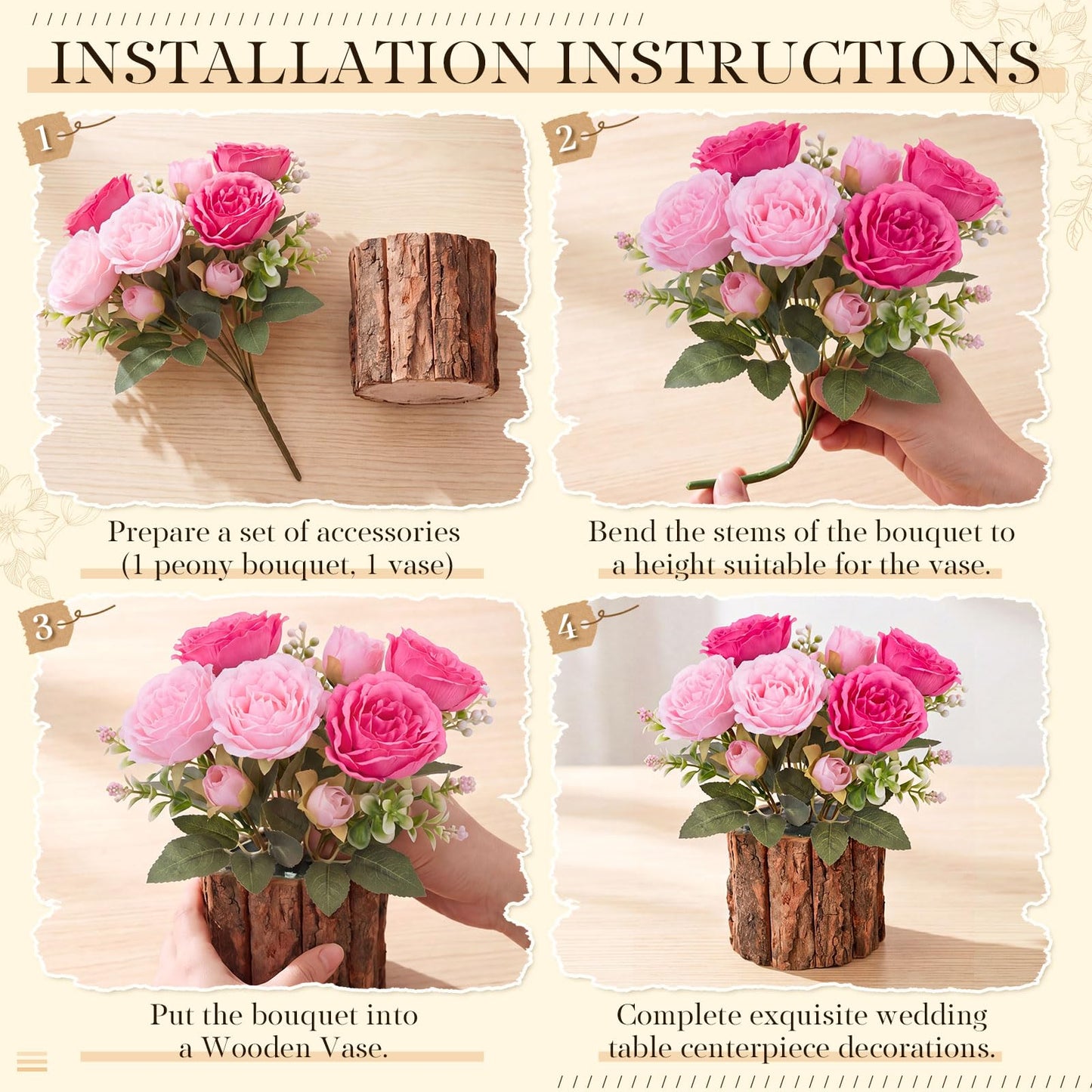Domensi 6 Sets Wedding Floral Centerpiece for Table Decor Artificial Peonies Silk Flowers Bouquet with Flower Foam and Wooden Vase Faux Floral Arrangement for Bridal Shower Woodland Party(Rose,Pink)