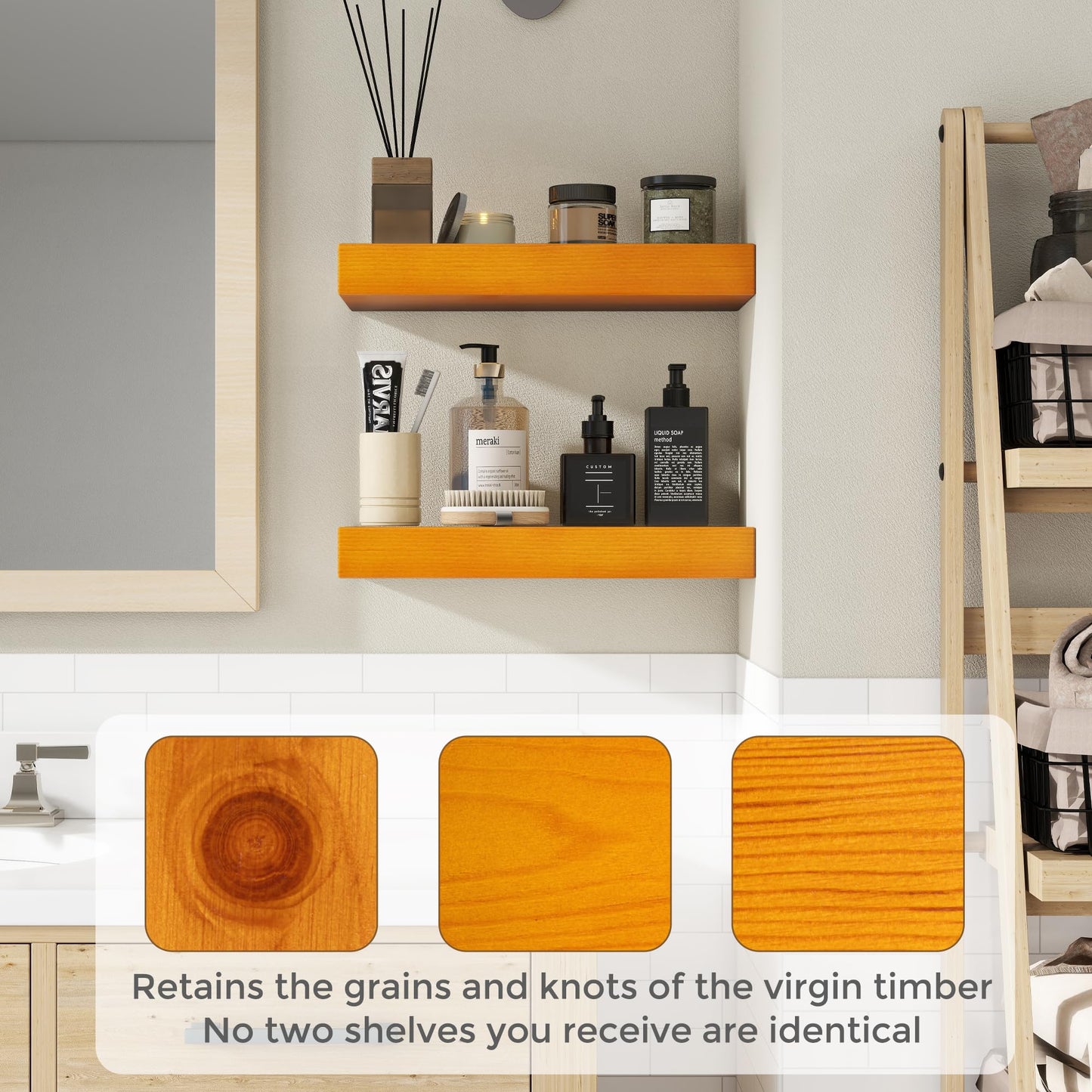 Marsmiles Wood Floating Shelves | 55 Inch Rustic Honey Oak Wall Shelves Set of 2 | 55" W x 7.7" D x 1.6" H Wooden Shelves for Bathroom Living Room Kitchen